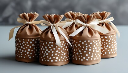 Poster - Charming collection of brown gift bags adorned with white polka dots and elegantly tied with beige ribbons