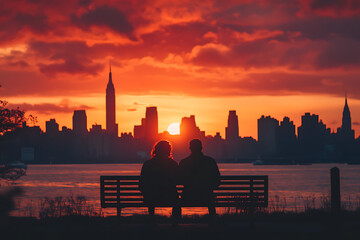 Wall Mural - A couple sitting on a bench, watching a sunset over a city skyline.