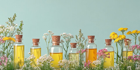 Horizontal banner with aromatherapy essential oil bottles with yarrow and bright summer flowers