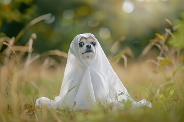 A dog is wearing a white sheet and is sitting in front of a fireplace, generative ai.,