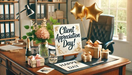 Client Appreciation Day Desk with Gifts and Flowers