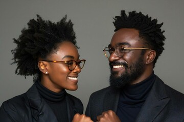 Two beautiful individuals, one wearing eyeglasses, smiling and looking at each other with joy, making a fist bump against a grey background.