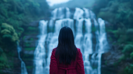 Wall Mural - Young Chinese Model Majestic Waterfall