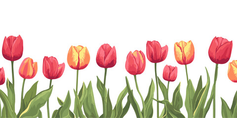 Sticker - Vector illustration of tulips border with copy space on a white background.