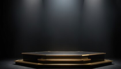 Simple blank luxury black gradient background with product display platform. Empty studio with circle podium pedestal on a black backdrop with volumetric light3