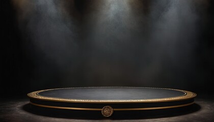 Simple blank luxury black gradient background with product display platform. Empty studio with circle podium pedestal on a black backdrop with volumetric light