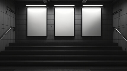 Poster - A modern subway staircase leading to three blank advertising panels, illuminated by overhead lights, creating a sleek and urban atmosphere.