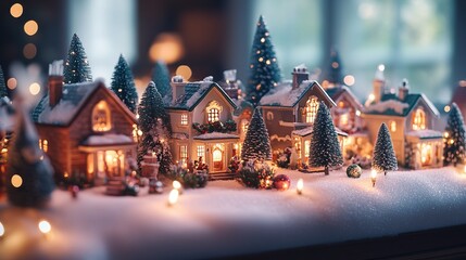 Sticker - Christmas village setup on a mantle with miniature houses, trees, and snow, all lit up with soft lights. 4K hyperrealistic photo.