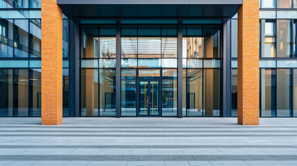 Poster - Modern office building exterior with a glass facade reflecting the city, showcasing contemporary architecture