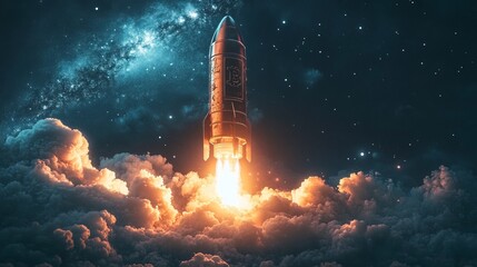 Wall Mural - bitcoin rocket gliding past clouds towards the stars. cryptocurrency success theme.