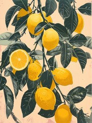 Wall Mural - Vibrant Yellow Lemons And Dark Leaves Art