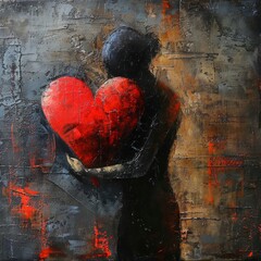 Wall Mural - A painting of a person holding a heart, figurativism