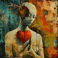 Wall Mural - A painting of a person holding a heart, figurativism