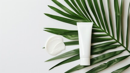 Wall Mural - Mock-up. A tube of cream sitting next to a palm leaf, beige background