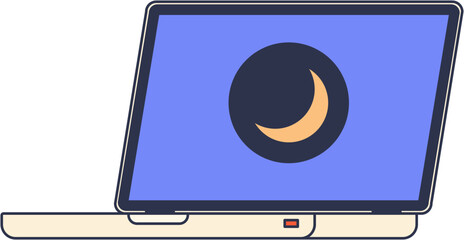 laptop displaying a crescent moon on screen, symbolizing night mode or dark theme for eye comfort.