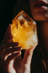 Poster - A person holding a striking yellow crystal in a dimly lit setting, showcasing the crystal's bright hue and intricate details
