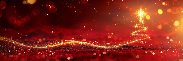 Poster - A festive background showcasing a glowing Christmas tree made of golden lights against a rich red backdrop, creating a joyful and celebratory atmosphere for the holidays.
