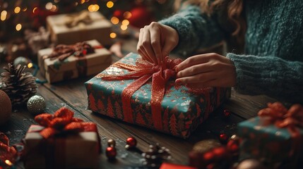 Wall Mural - Woman wrapping Christmas gifts at a wooden table, with colorful paper, ribbons, and holiday decorations scattered around. 4K hyperrealistic photo.