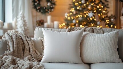 Poster - Mockup of a plain holiday pillow on a couch, with festive decorations, garlands, and a glowing Christmas tree in the background. 4K hyperrealistic photo.