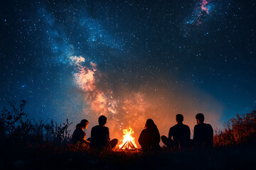 Wall Mural - A group of people gathered around a campfire under a starry sky.