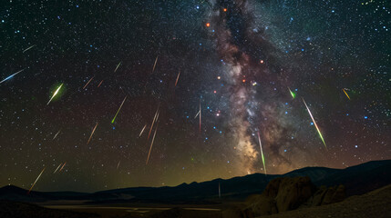 Poster - A breathtaking view of the night sky filled with meteors cascading across the landscape, set against the backdrop of the Milky Way, highlighting the wonders of the universe.