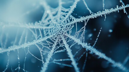 Poster - Close-up of a frosty spider web, with delicate ice crystals coating each strand and creating a fine, lace-like texture. 4K hyperrealistic photo.