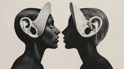 Poster - Creative collage illustration of two black white effect people big ear mouth instead head communicate