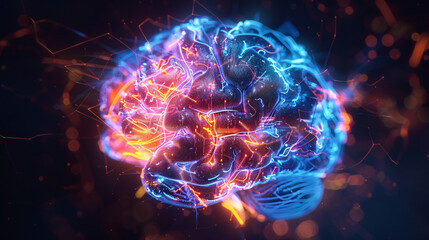 Poster - A vibrant and dynamic depiction of a brain illuminated with colorful electric impulses, symbolizing creativity and intellectual energy, set against a dark background.