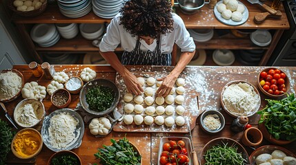 Wall Mural - Chef preparing dough surrounded by fresh ingredients.