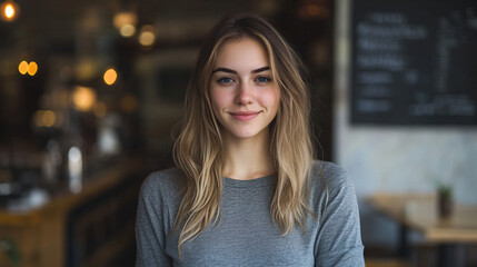 Sticker - Young woman is smiling in a coffee shop, possibly waiting for a friend or colleague