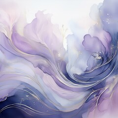 Wall Mural - delicate abstract watercolor artwork in pastel purple tones with flowing lines and gold accents, cre