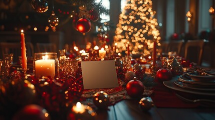 Poster - Christmas mockup of a blank invitation card on a beautifully set holiday table, with candles, ornaments, and a glowing Christmas tree. 4K hyperrealistic photo.