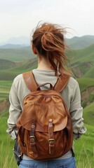 Wall Mural - A young woman with a brown backpack walking through a field in the mountains