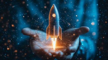 Wall Mural - hands interacting with digital rocket hologram on blue background, symbolizing startup and innovatio