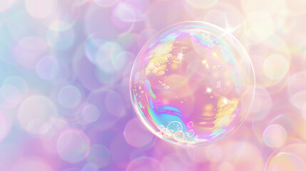 Poster - A translucent soap bubble floating against a softly blurred pastel background, capturing the light and colors within, creating a whimsical and enchanting visual effect.