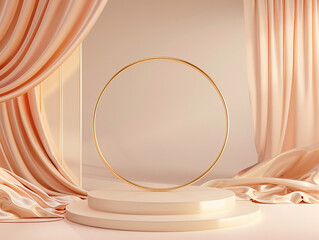 Poster - An elegant and minimalist display stage featuring a golden circular frame against soft draped fabric, providing a sophisticated backdrop for showcases or events.