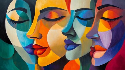 Vivid Abstract Triptych Portrait with Bold Colors and Shapes