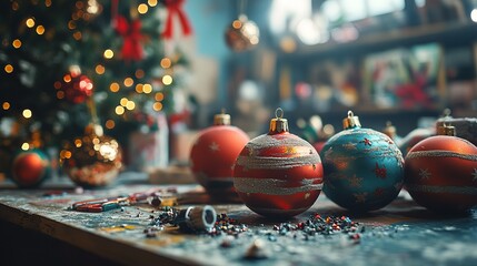 Poster - Crafting handmade Christmas ornaments using clay, paint, and glitter, with all supplies spread out on a festive workbench. 4K hyperrealistic photo.