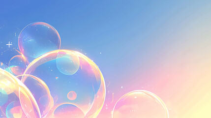 Poster - A vibrant and whimsical design showcasing colorful soap bubbles floating against a soft gradient background of blue and pink hues, creating a cheerful and playful visual 