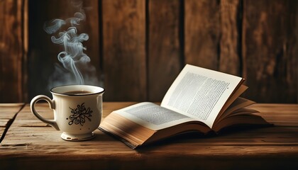 Wall Mural - Serene reading nook with an open book and a steaming cup of coffee on a rustic wooden table