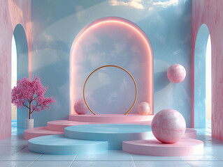 Poster - A modern and artistic interior scene featuring pastel-colored geometric shapes, a circular frame, and a decorative pink tree, creating a stylish and inviting ambiance ideal for creative showcases 