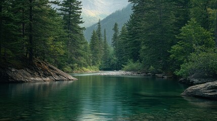 Sticker - Serene Mountain River in a Lush Forest