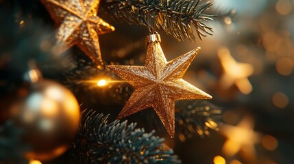 Poster - Golden starburst ornaments catching the light on a beautifully decorated Christmas tree, each starburst radiating with warmth and elegance. 4K hyperrealistic photo.