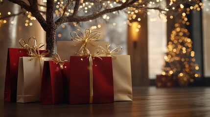 Poster - Gift bags arranged by gradient from rich burgundy to soft cream, tied with golden ribbons under a twinkling tree. 4K hyperrealistic photo.