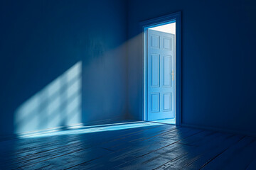 Blue Monday, 3D render of light coming through opened blue door