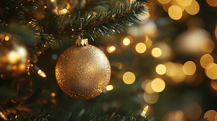 Poster - Christmas mockup of a plain ornament on a decorated Christmas tree, with twinkling lights and a warm holiday glow. 4K hyperrealistic photo.