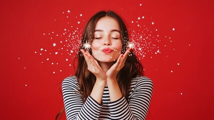 Canvas Print - Photo of funky cheerful girl wear striped top blowing birthday stars sparkles isolated red color background