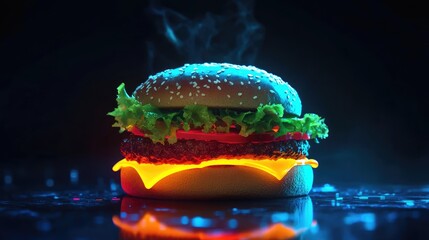 A delicious hamburger with cheese, lettuce and tomato on a sesame seed bun, illuminated with vibrant blue and orange light and steam rising from the top, on a black background.