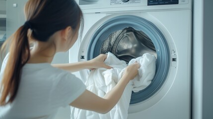 Wall Mural - A woman loading freshly washed white laundry into a modern front-loading washing machine at home in bright, natural light