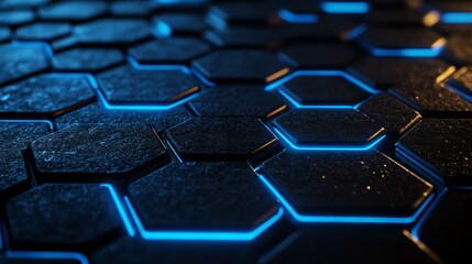 Poster - A sleek, modern honeycomb pattern with glowing blue neon lines on a dark background signaling technology and connectivity